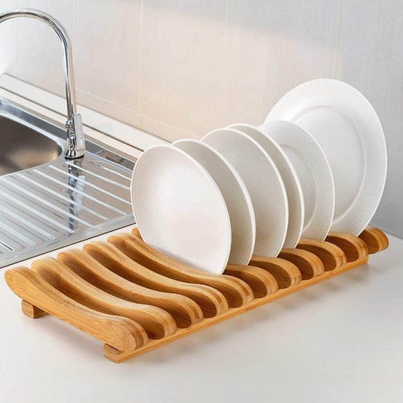 Bamboo Dish Drying Rack, 10 Slots Bamboo Cabinet Plate Stand Dish Drainer Wooden - Picture 7 of 8
